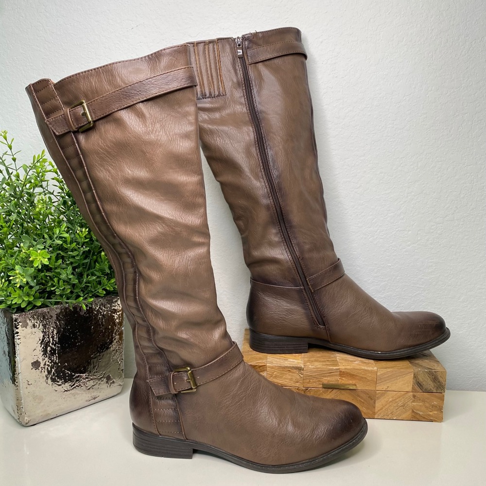 Brown Faux Leather Knee High Riding Boots Size 12, De Blossom Collection Pita 33